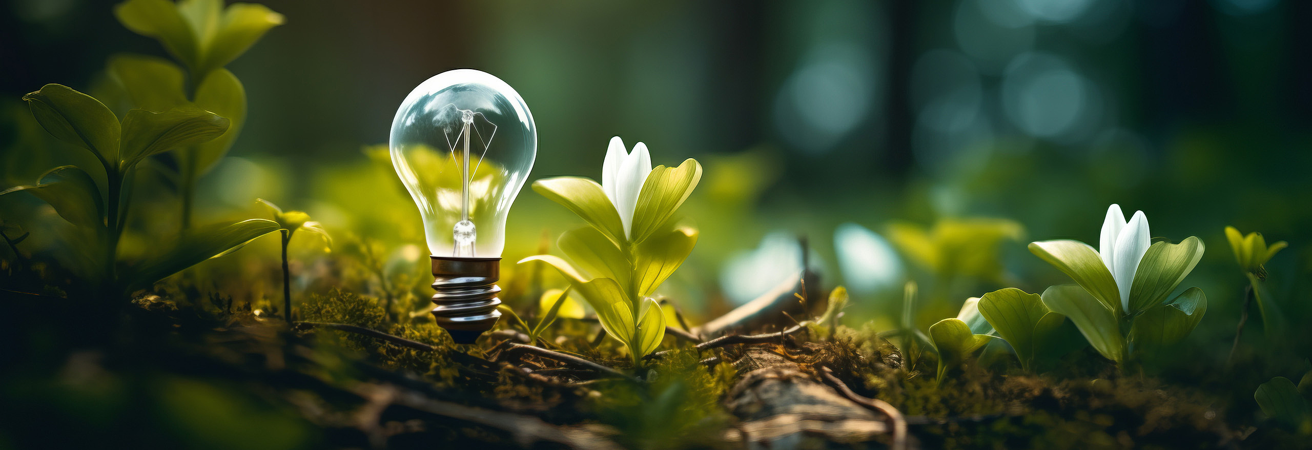 „Leuchtende Glühbirne inmitten von grünen Pflanzen im Wald – Symbol für nachhaltige Energie und Umweltbewusstsein