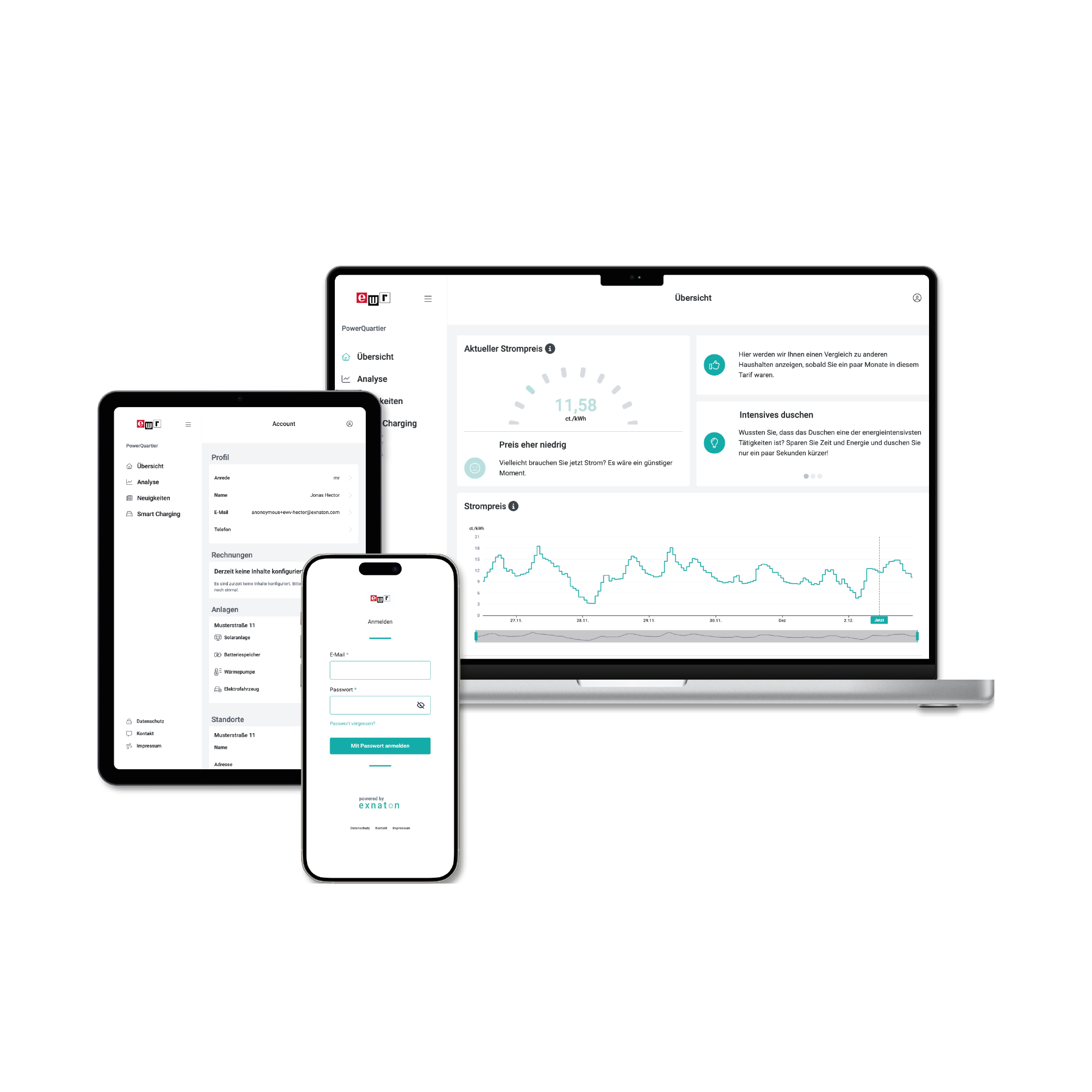 Darstellung einer Energie-App auf Smartphone, Tablet und Laptop – digitale Verbrauchsübersicht und smarte Energiekontrolle auf allen Geräten
