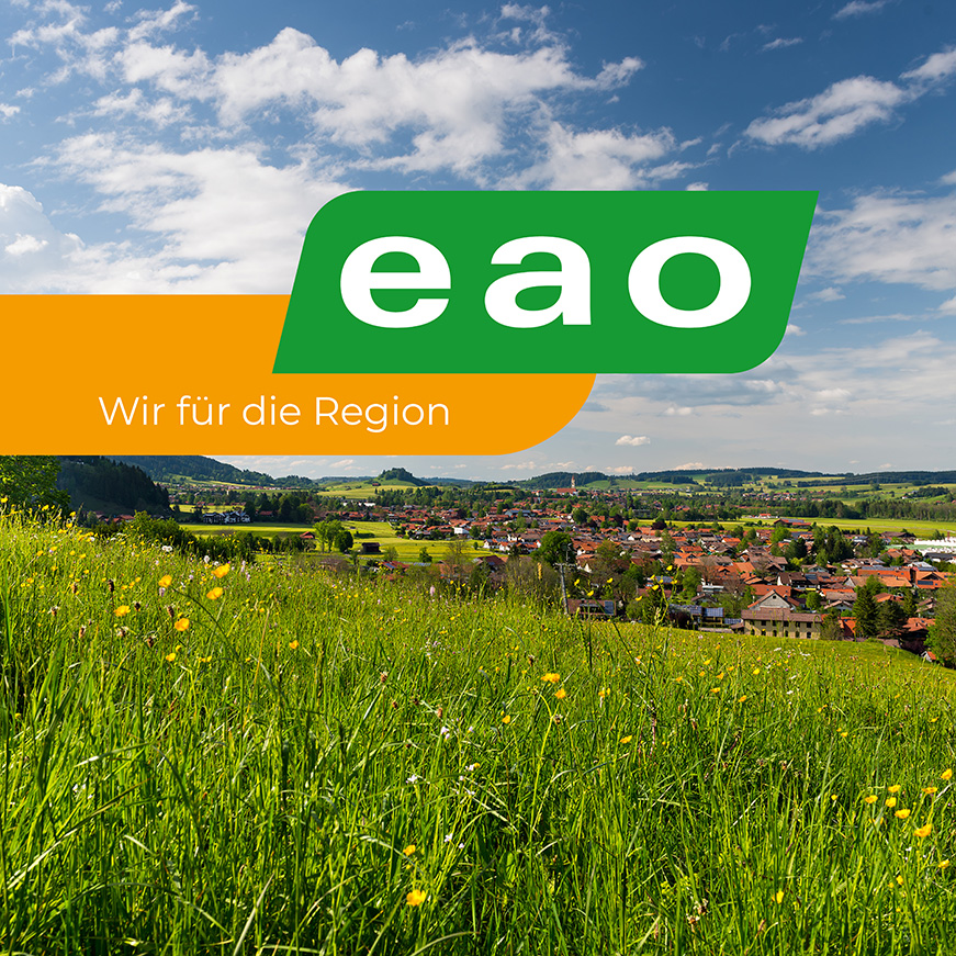 Blick über blühende Wiese auf Ortschaft im Allgäu mit eao-Logo