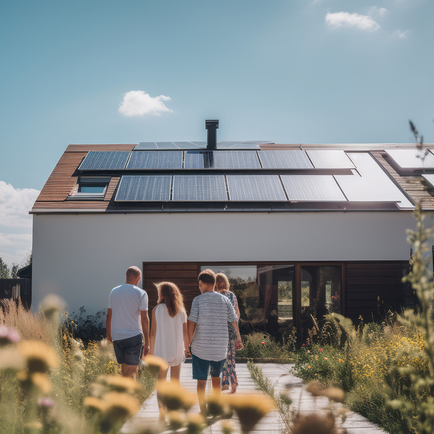 Familie steht vor Einfamilienhaus mit Solaranlage auf dem Dach
